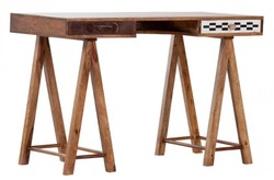 4250828376603 - Schreibtisch SekretÃ¤r Mangoholz verziert mit Fell und Mosaik 120 cm - Vintage Design