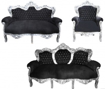 4250828378515 - Barock Wohnzimmer Set King Schwarz   Silber - 3-er Sofa + 2-er Sofa + 1 Sessel