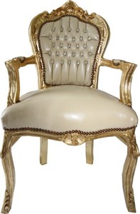 4250828380020 - Barock Esszimmer Stuhl mit Armlehnen Creme Lederoptik   Gold - MÃ¶bel