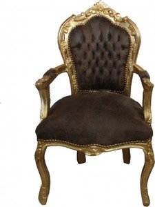 4250828381690 - Barock Esszimmer Stuhl mit Armlehnen Braun Gold Lederoptik 4250828381690 - Barock Esszimmer Stuhl mit Armlehnen Braun Gold Lederoptik