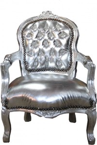 4250828382086 - Barock Kinder Stuhl Silber Lederoptik  Silber - Armlehnstuhl