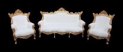 4252006254925 - Barock Wohnzimmer Set Master Weiss  Gold Lederoptik - 3-er Sofa + 2 Sessel
