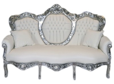 4250828387586 - Barock 3er Sofa King WeiÃ Lederoptik   Silber - Wohnzimmer Couch MÃ¶bel Lounge