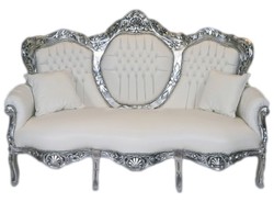 4250828387586 - Barock 3er Sofa King WeiÃ Lederoptik   Silber - Wohnzimmer Couch MÃ¶bel Lounge