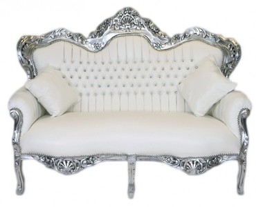 4250828387593 - Barock 2er Sofa Master WeiÃ Lederoptik   Silber - Wohnzimmer Couch MÃ¶bel Lounge
