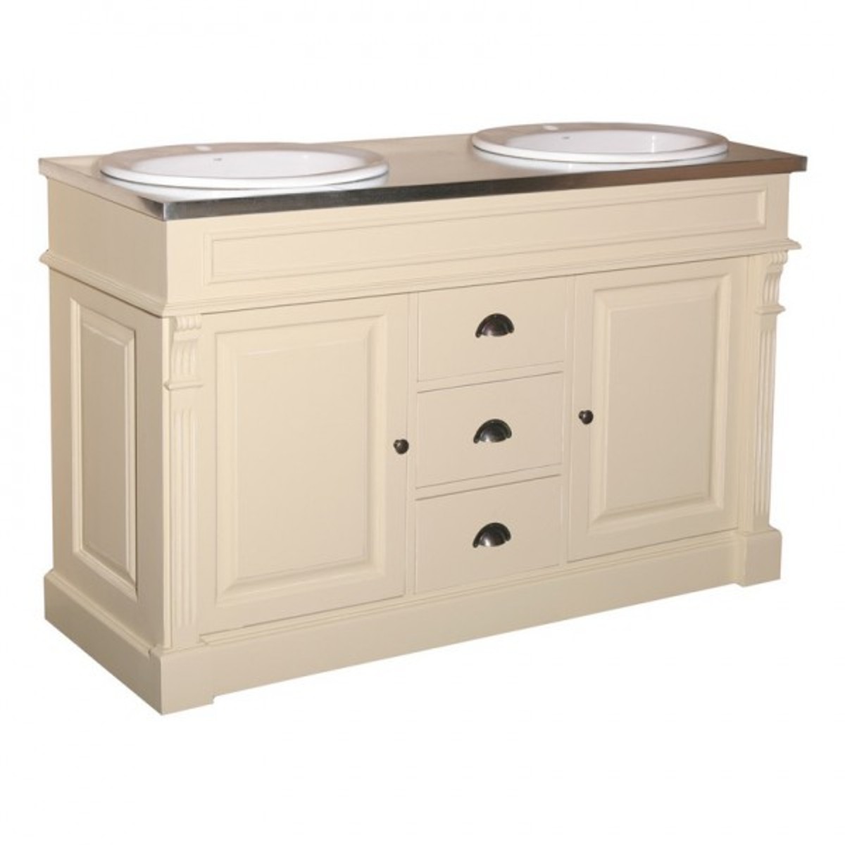 4250828388903 - Landhaus Stil Waschschrank Waschtisch inkl 2 Waschbecken mit Schubladen und SchranktÃ¼ren Nizza - Bad Schrank Massivholz