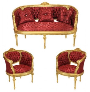 4250828394508 - Barock Wohnzimmer Set Marseille Bordeaux Muster   Gold - Sofa + 2 Sessel
