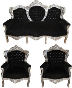 4250828396199 - Barock Wohnzimmer Set King Schwarz   Silber mit Bling Bling Glitzersteinen - 3-er Sofa + 2 Sessel