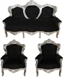 4250828396199 - Barock Wohnzimmer Set King Schwarz   Silber mit Bling Bling Glitzersteinen - 3-er Sofa + 2 Sessel