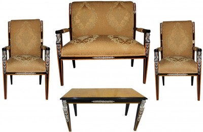 4250828396410 - Barock Empire Salon 4-er Set Gold Muster   Schwarz   Mahagoni   Silber - Sitzbank + 2 Sessel + Couchtisch