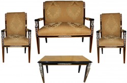 4250828396410 - Barock Empire Salon 4-er Set Gold Muster   Schwarz   Mahagoni   Silber - Sitzbank + 2 Sessel + Couchtisch