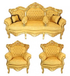 4250828398230 - Barock Wohnzimmer Set Gold Bouquet Muster Gold - 3er Sofa + 2 Sessel 4250828398230 - Barock Wohnzimmer Set Gold Bouquet Muster Gold - 3er Sofa + 2 Sessel