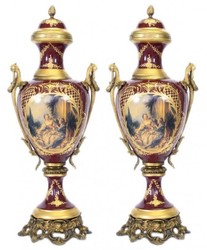 4251287705423 - Barock Porzellan Pokal Set Bordeaux Rot   Gold B26 H63 cm (2 StÃ¼ck) - Grand Decor - Hotel Dekoration