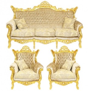 4251287707304 - Barock Wohnzimmer Set Master Creme Samtstoff   Gold - 3er Sofa + 2 Sessel - Limited Edition!