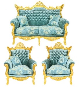 4251287707328 - Barock Wohnzimmer Set Master TÃ¼rkis-Blau Muster Samtstoff   Gold - 2er Sofa + 2 Sessel - Limited Edition!