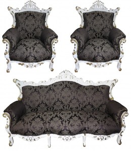 4251287711622 - Barock Wohnzimmer Set Schwarz Muster   Weiss Gold - 3-er Sofa + 2 Sessel