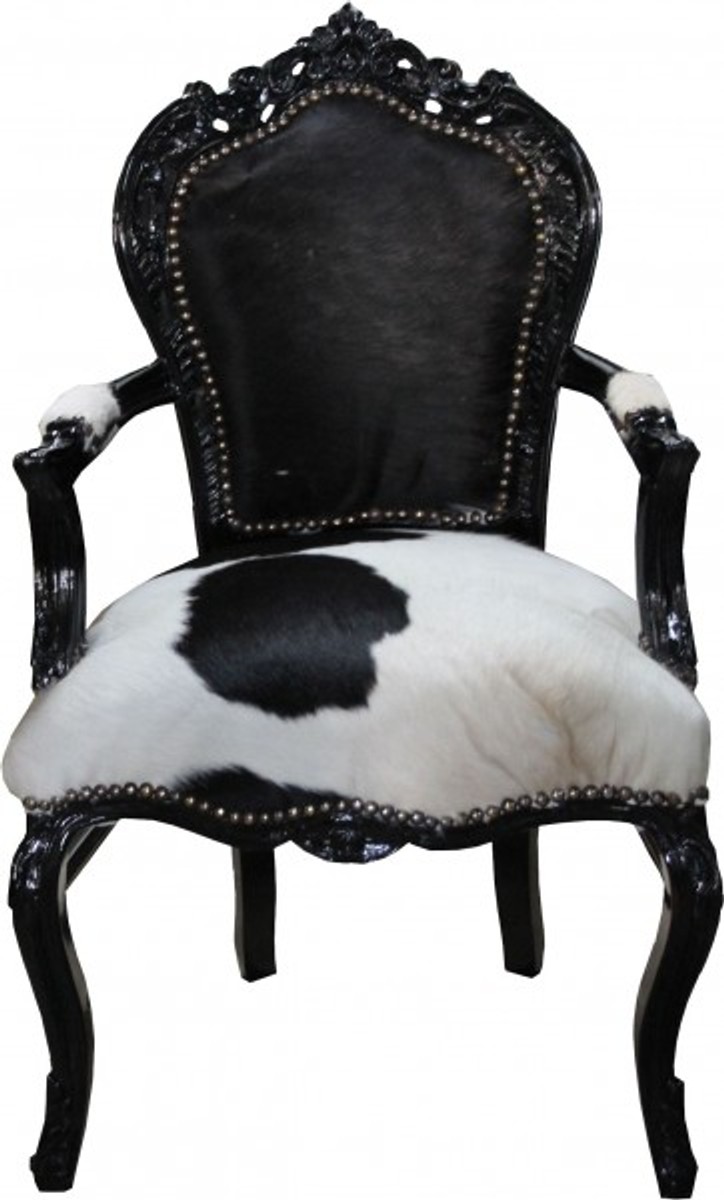 Casa Padrino Baroque Dinner Chair Cowhide Black With Armrest