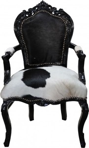 4251287717846 - Barock Esszimmer Stuhl Kuhfell   Schwarz mit Armlehnen - Echtes Kuh Fell