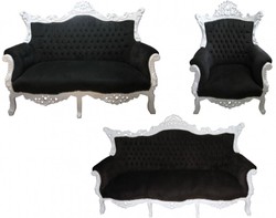 4251287745078 - Barock Wohnzimmer Set Master Schwarz Weiss - 3er Sofa+2er Sofa + 1 Sessel