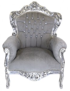 4251287750416 - Barock Sessel King Grau Samtstoff   Silber mit Bling Bling Glitzersteinen