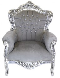 4251287750416 - Barock Sessel King Grau Samtstoff   Silber mit Bling Bling Glitzersteinen