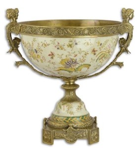 4251287762846 - Luxus Barock Porzellan Schale auf Sockel mit 2 Messing Griffen