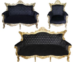 4251287765083 - Barock Wohnzimmer Set Master Schwarz Gold mit Bling Bling Glitzersteinen - 3er Sofa+2er Sofa + 1 Sessel