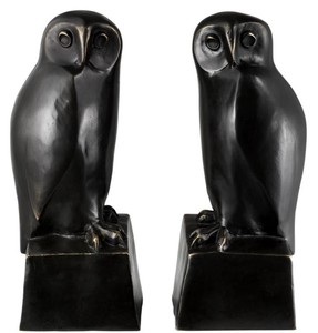 4251287774344 - Designer Bronze Eulen BuchstÃ¼tzen 2er Set - Luxus Bronzefiguren