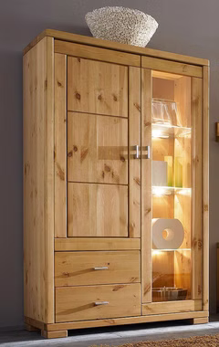 Vitrinenschrank Kiefer gelaugt geölt Holztür, Glastür, 2 Schubladen optional mit Beleuchtung Massivholz geschirrschrank halbhoch mit 1 glastür GULDBORG 100x166x43cm Kiefer massiv Gelaugt geölt Casa de mobila Goslar