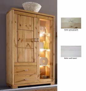 Vitrine Kiefer gelaugt geölt mit Schubladen und Holztür Massivholz Highboard mit 1 glastür GULDBORG 100x166x43cm Kiefer massiv weiss oder Gelaugt geölt Casa de mobila Goslar