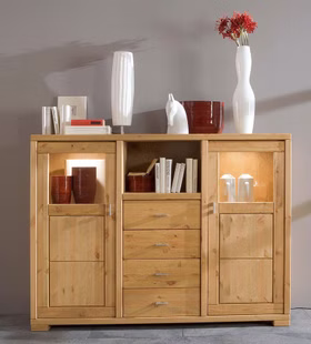 Highboard 168x127x43cm 2 Holz-/Glastüren 4 Schubladen Kiefer massiv weiß lasiert