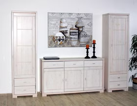 Massivholz Sideboard 3 türig 160x89x43cm GULDBORG Kiefer massiv weiß lasiert Casa de mobila Goslar Massivholz Sideboard 3 türig 160x89x43cm GULDBORG Kiefer massiv weiß lasiert Casa de mobila Goslar
