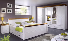 Landhaus Doppelbett mit schubladen 180x200cm und 2 Nachtkommode Kiefer massiv weiß honigfarben lackiert Casa de mobila Goslar