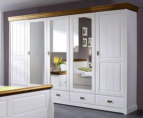 Schlafzimmer-Set 4teilig, Kiefer massiv 2farbig weiß gewachst / honig