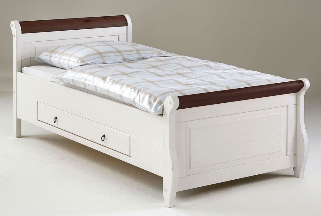 Bett 100x200, 2 Schubladen, Kiefer massiv 2farbig weiß / kolonial