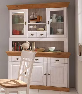 Esszimmer 10teilig Tisch 160x90 6 Stühle Highboard Sideboard Buffetschrank Kiefer massiv 2farbig weiß lasiert / gelaugt geölt Esszimmer 10teilig Tisch 160x90 6 Stühle Highboard Sideboard Buffetschrank Kiefer massiv 2farbig weiß lasiert / gelaugt geölt