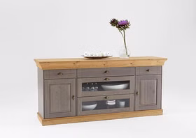 Anrichte mit glasschubladen 185x85x45cm BERGEN Kiefernholz grau / gelaugt geölt Anrichte mit glasschubladen 185x85x45cm BERGEN Kiefer massiv 2farbig grau / gelaugt geölt Casa de mobila Goslar