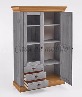 Geschirrschrank 1 glastuer, 1 holztuer, 3 schubladen 108x163x45cm BERGEN Kiefer grau lackiert gelaugt geölt Highboard schmal mit 3 schubladen BERGEN Kiefernholz massiv grau lackiert gelaugt geölt Casa de mobila Goslar
