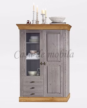 Geschirrschrank 1 glastuer, 1 holztuer, 3 schubladen 108x163x45cm BERGEN Kiefer grau lackiert gelaugt geölt Vitrinenschrank mit 3 schubladen BERGEN Kiefer massiv grau lackiert gelaugt geölt Casa de mobila Goslar