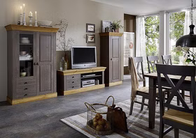 Geschirrschrank 108x163x45cm BERGEN Kiefer grau lackiert gelaugt geölt Wohnzimmer-schrank mit 3 schubladen und glastür BERGEN Kiefernholz massiv grau lackiert gelaugt geölt Casa de mobila Goslar