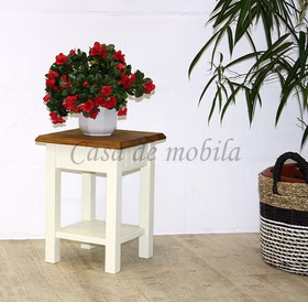 Massivholz Blumentisch mit Ablage 30x40x30 NORDIC HOME Kiefer massiv cremeweiß Topplate Eiche geölt Casa de mobla Goslar
