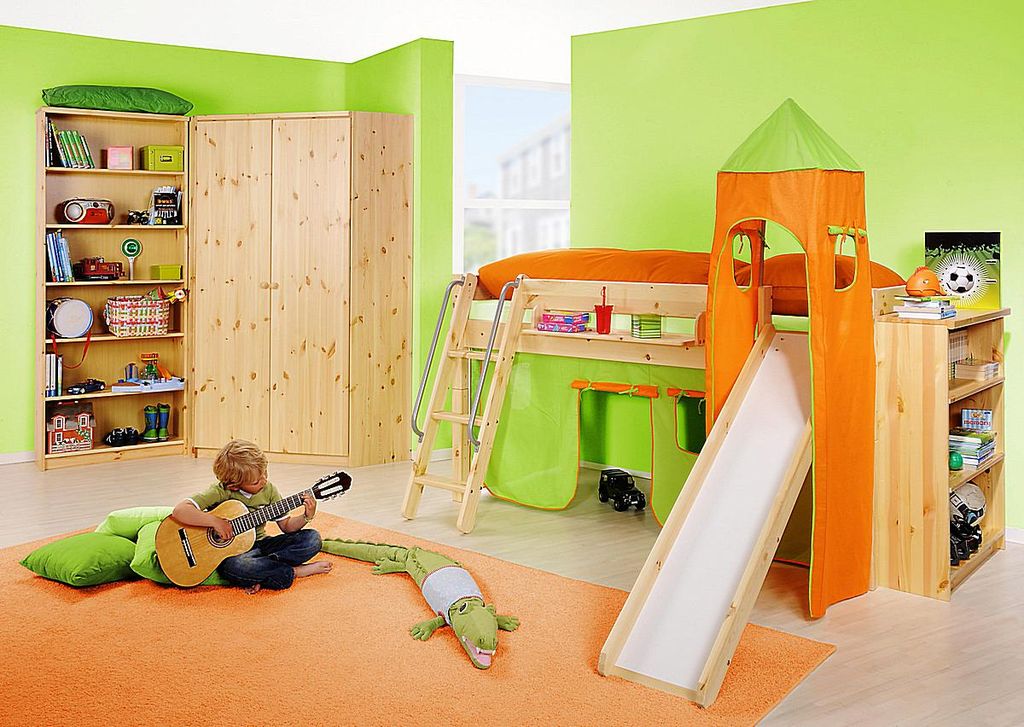 Hochbett Kinderbett mit Rutsche inkl Vorhang Massiv Kiefer Natur Lilly