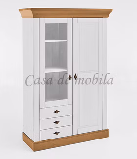 Vitrinenschrank 2-türig, 3 schubladen 108x163x45cm landhaus BERGEN Kiefer massiv weiß gelaugt geölt Casa de mobila Goslar