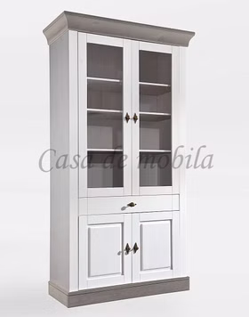 Vitrinenschrank mit schublade 108x202x45cm landhaus Bergen Kiefer massiv weiß / grau lackiert Casa de mobila Goslar