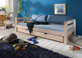Bett 210x64x100cm mit Bettschubkasten Kiefer massiv weiß lasiert