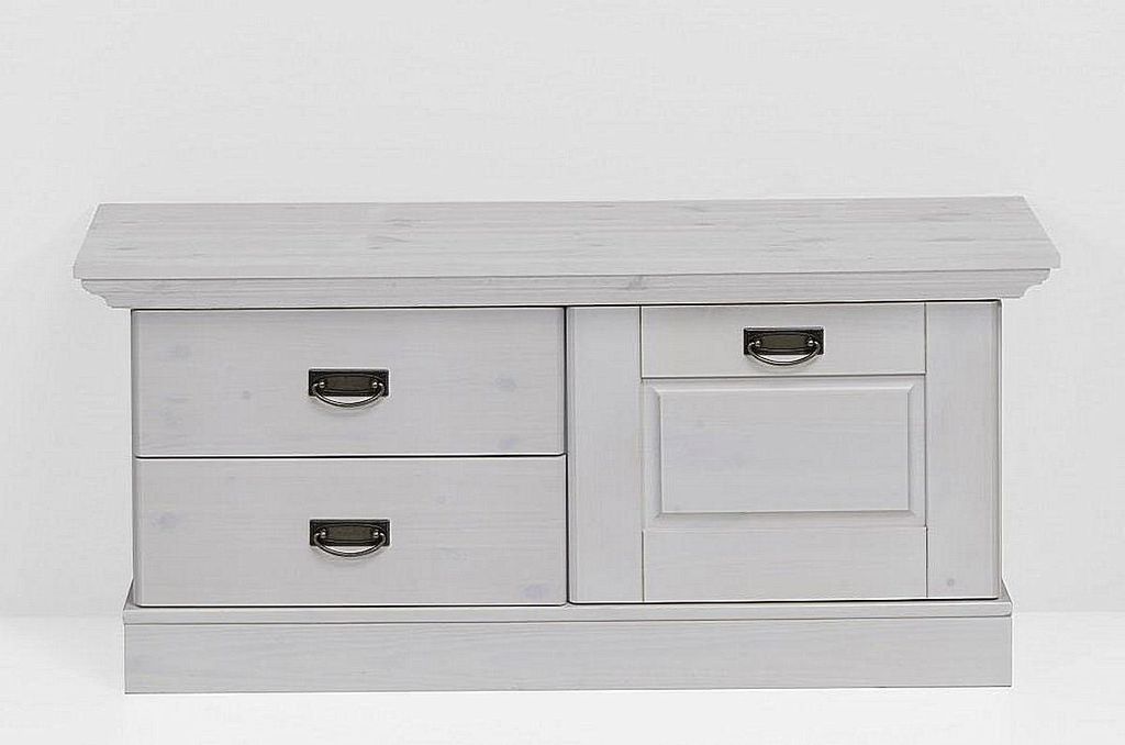 Schuhbank 119x53x40cm, 1 Klappe, 2 Schubladen, Kiefer massiv weiß lasiert