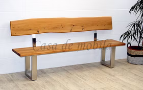 Holzbank mit Rückenlehne 200x92x49 cm Zingst, Baumkante Asteiche Natur geölt Metallbeine U Casa de mobila Goslar