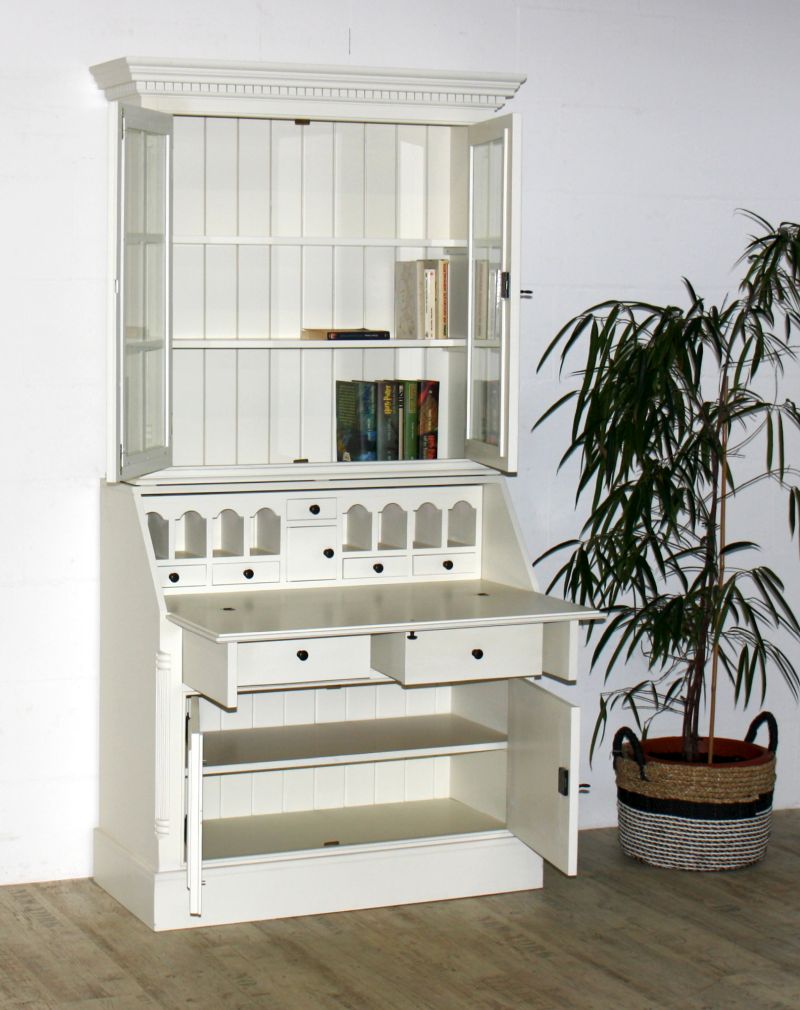 Sekretär mit Aufsatz ROMANTIK 107x206x47cm Fichte massiv creme lackiert