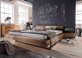 Balkenbett I 180x220x40cm WOODSTOCK Wildeiche geölt U Kufen Balkenbett mit metallbeine U 180x220x40cm Asteiche massiv natur geölt mit Wuchsrissen Casa de mobila Goslar