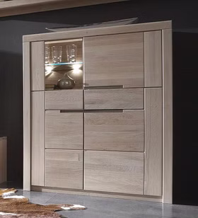 Moderne Highboard niedrige höhe HORIZONT 115x137x40cm Wildeiche massiv Bianco geölt Glastür links Metallgriffe Casa de mobila Goslar
